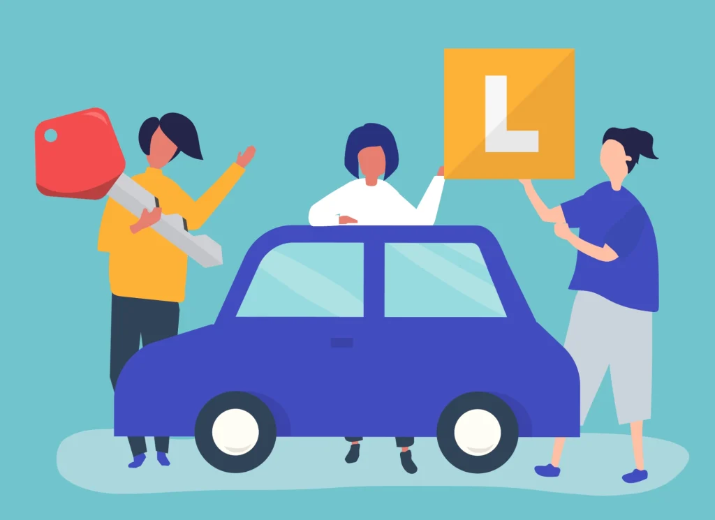 Ilustración de un coche con la señal de la L de conductor novel y varias personas